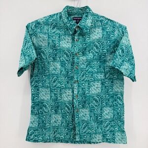 West Marine Button Front Shirt Mens L Teal Marlin Nautical Cotton Short Sleeve
